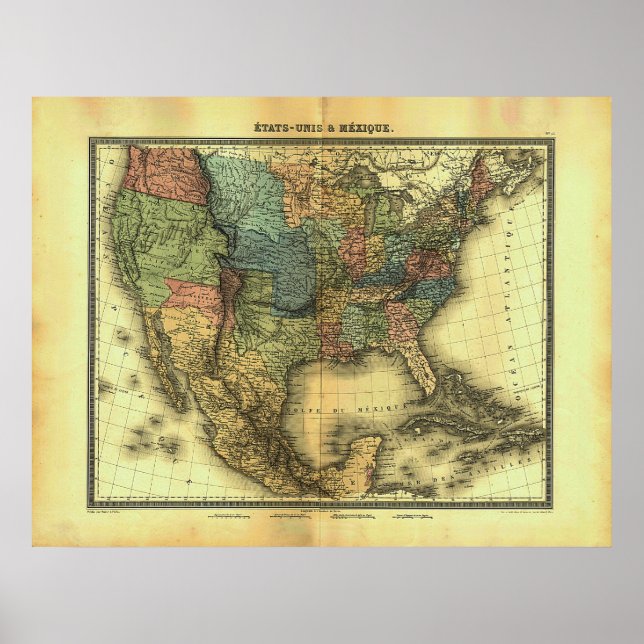 Pôster Mapa de Thunot Duvotenay de 1848: Etats-Unis & Mex (Frente)
