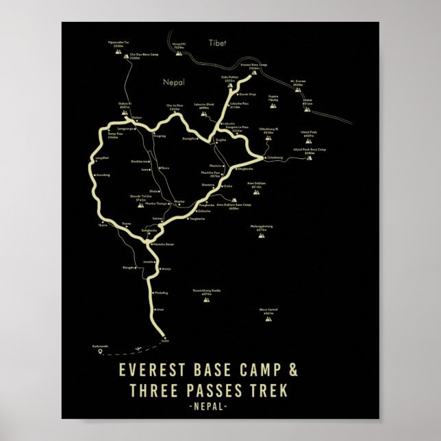 Poster Mapa de Trilha do Campo Base do Everest Caminhada  (Frente)