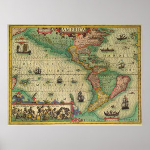 Poster Mapa de Velho Mundo antigo dos Americas, 1606