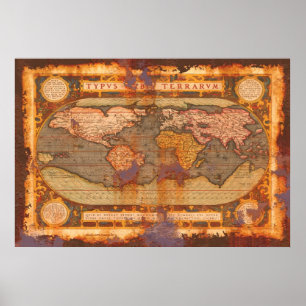 Pôster Mapa de Velho Mundo de Ortelius no estilo oxidado