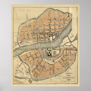 Poster Mapa de Veliky Novgorod Rússia (1910)