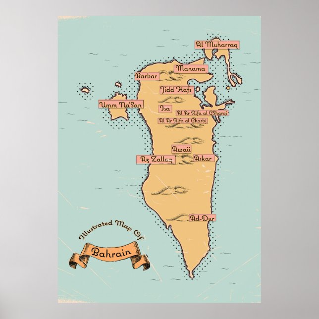 Poster Mapa de viagem antigo do Bahrein (Frente)