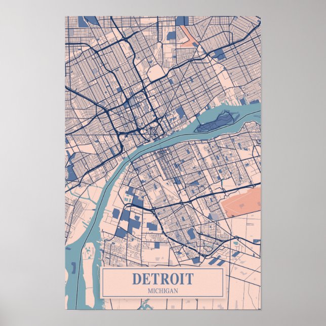 Poster Mapa de viagem da cidade ventosa de Detroit Michig (Frente)