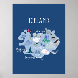 Poster Mapa de viagem da Islândia azul escuro