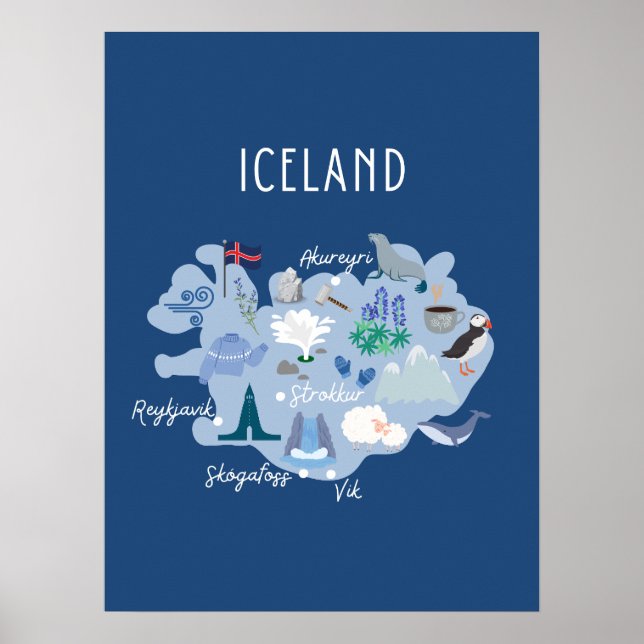 Poster Mapa de viagem da Islândia azul escuro (Frente)