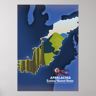 Poster mapa de viagem dos Estados Unidos orientais Appala