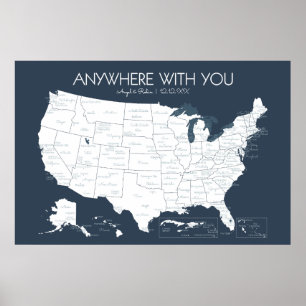 Poster Mapa de Viagem EUA para Casais para locais de pino