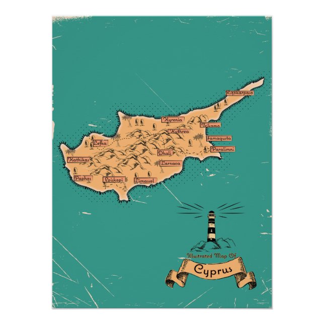 Pôster Mapa de viagem ilustrado Chipre (Frente)