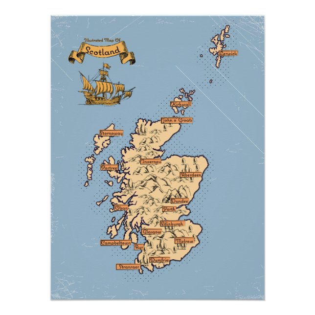 Pôster Mapa de viagem ilustrado da Escócia (Frente)