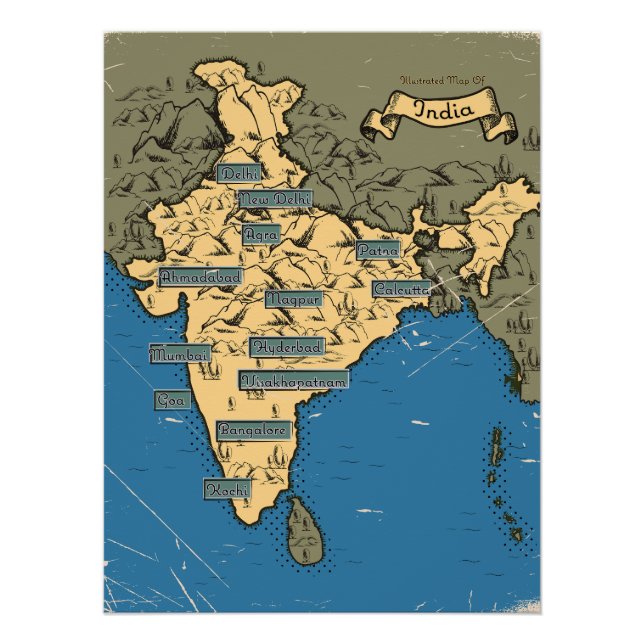 Pôster Mapa de viagem ilustrado da Índia (Frente)