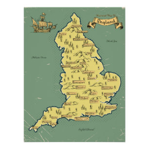 Pôster Mapa de viagem ilustrado da Inglaterra