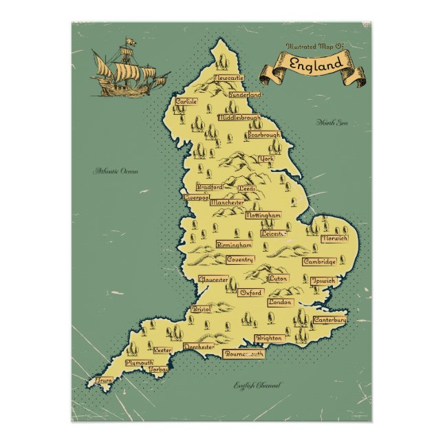 Pôster Mapa de viagem ilustrado da Inglaterra (Frente)