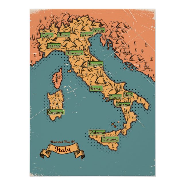 Pôster Mapa de viagem ilustrado da Itália (Frente)