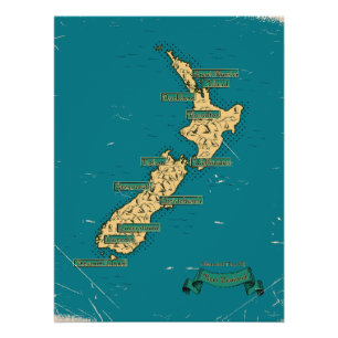 Pôster Mapa de viagem ilustrado da Nova Zelândia