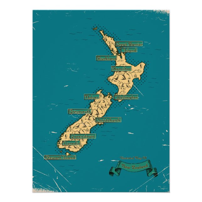 Pôster Mapa de viagem ilustrado da Nova Zelândia (Frente)