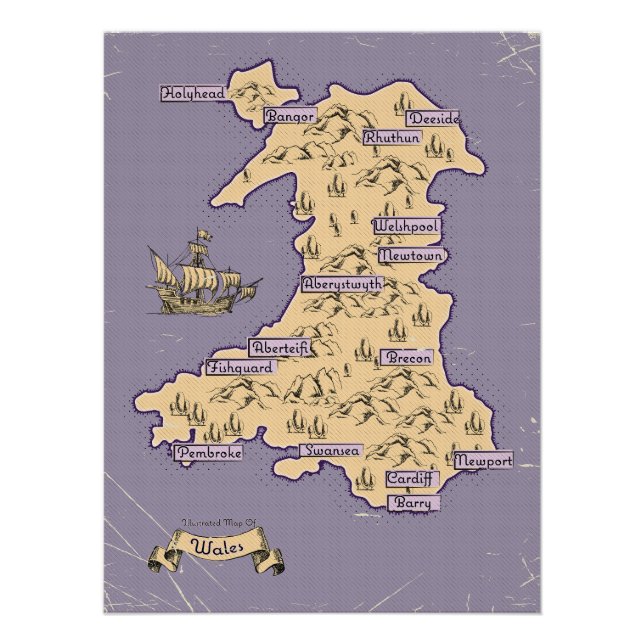 Pôster Mapa de viagem ilustrado do País de Gales (Frente)