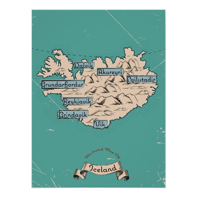 Pôster Mapa de viagem ilustrado Islândia (Frente)