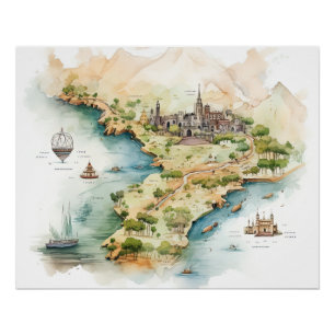 Pôster Mapa de Viagens aquarela