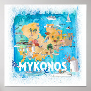Poster Mapa de Viagens Ilustrado da Grécia do Mykonos