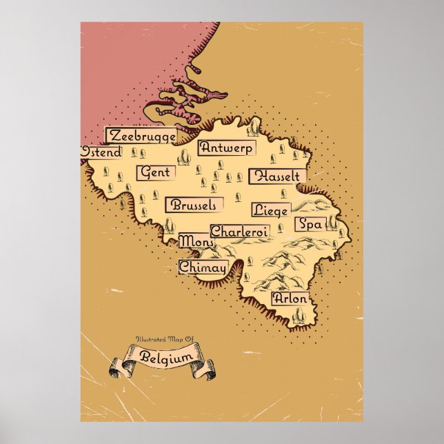 Poster Mapa de Viagens vintage da Bélgica (Frente)