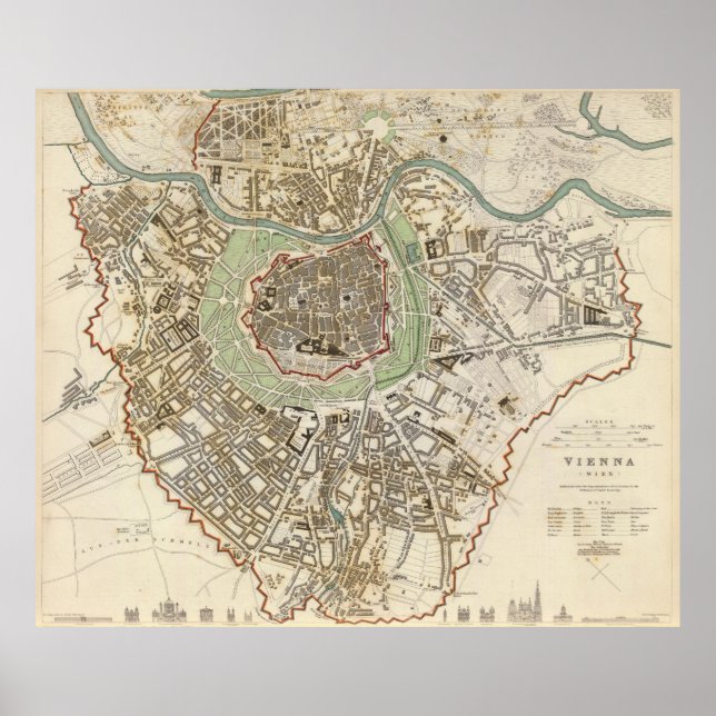 Pôster Mapa de Viena da Áustria (1833) (Frente)