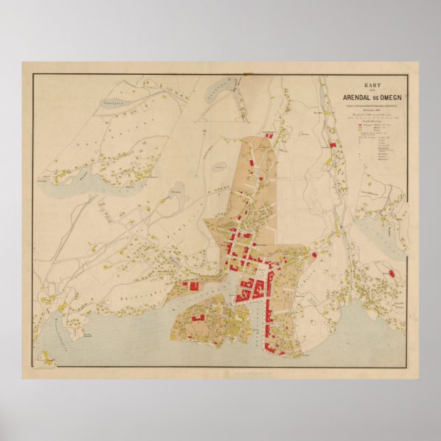 Poster Mapa de Vintage Arendal da Noruega (1884) (Frente)