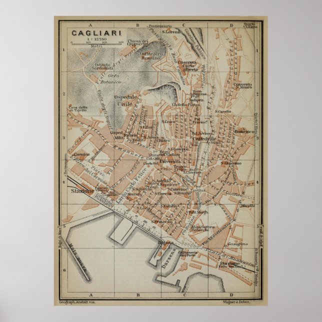 Poster Mapa de Vintage Cagliari — Sardenha (1903) (Frente)