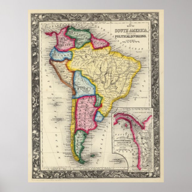 Poster Mapa de Vintage da América do Sul (1860) (Frente)