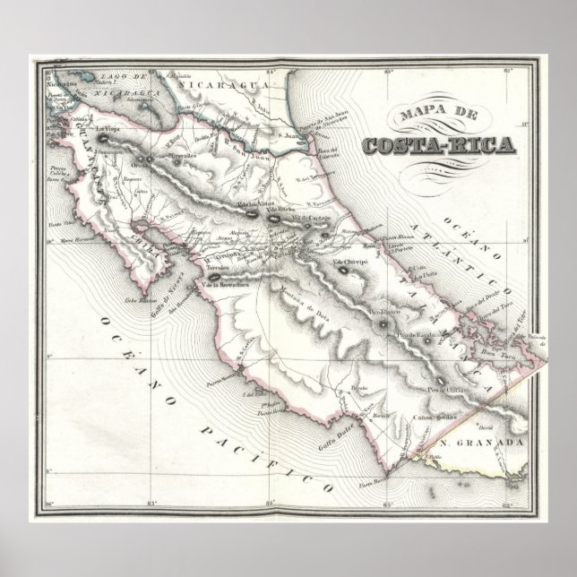 Poster Mapa de Vintage da Costa Rica (1851) (Frente)