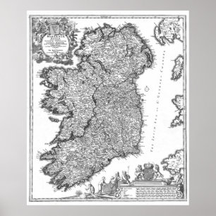 Poster Mapa de Vintage da Irlanda (1716) BW