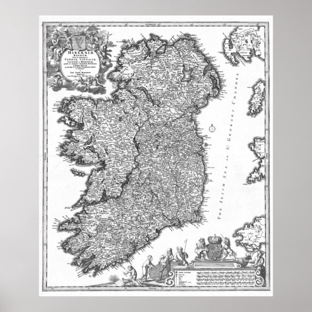 Poster Mapa de Vintage da Irlanda (1716) BW (Frente)