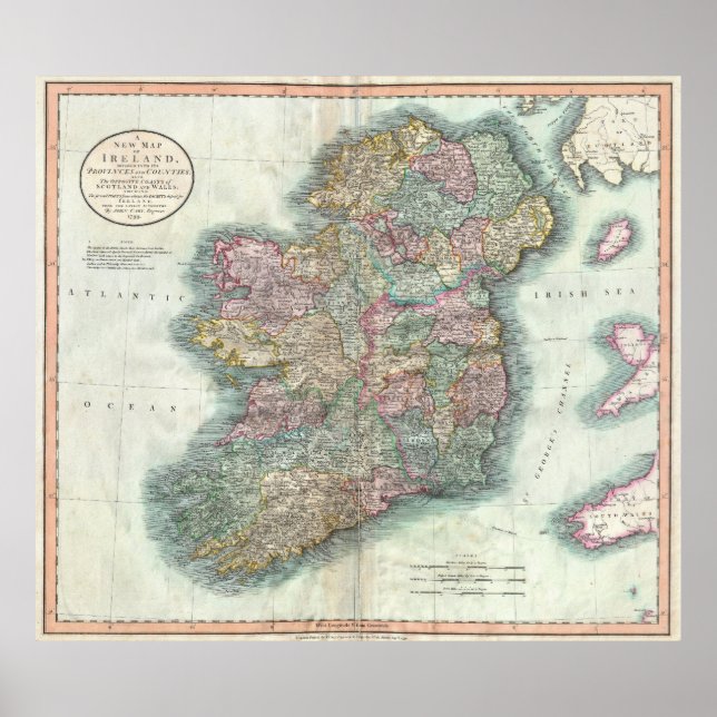 Poster Mapa de Vintage da Irlanda (1799) (Frente)