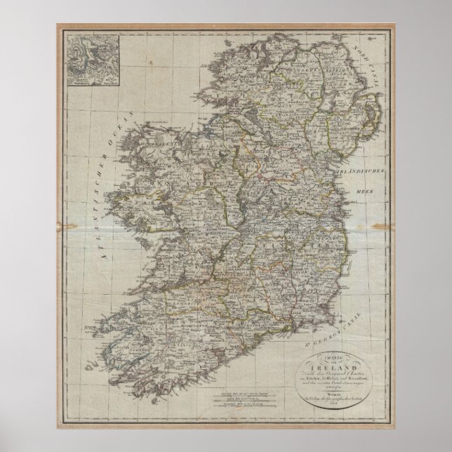 Pôster Mapa de Vintage da Irlanda (1804) (Frente)