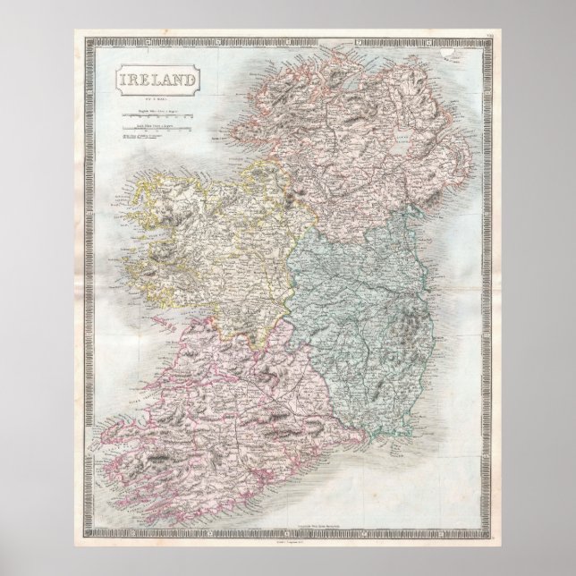 Pôster Mapa de Vintage da Irlanda (1850) (Frente)
