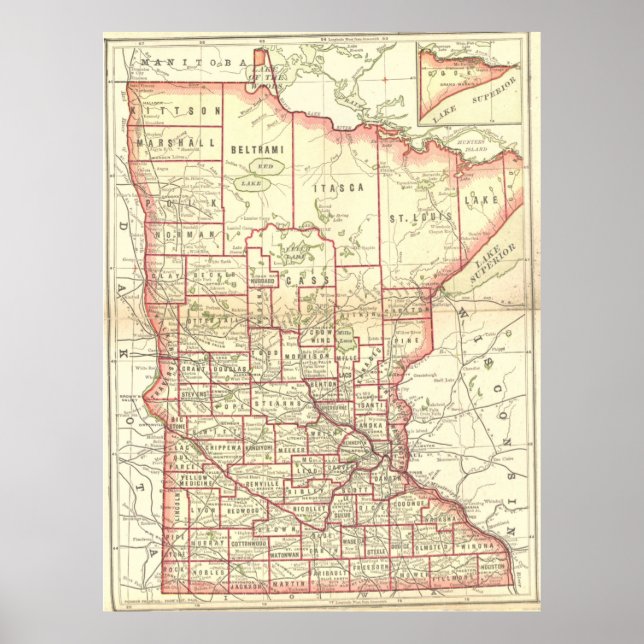 Pôster Mapa de Vintage de Minnesota (1893) (Frente)
