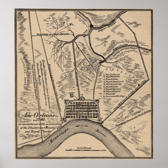 Pôster Mapa de Vintage de Nova Orleans Louisiana (1798) (Frente)