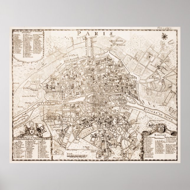 Pôster Mapa de Vintage de Paris (1742) (Frente)