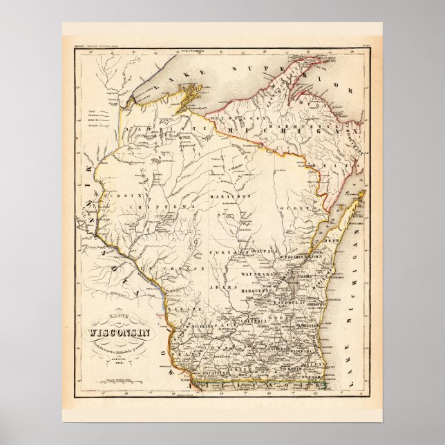 Poster Mapa de Vintage de Wisconsin 1852 (Frente)