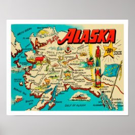 Poster Mapa de Vintage do Alasca em cores retrógradas