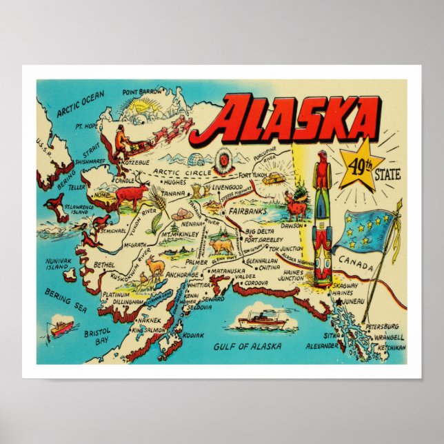 Poster Mapa de Vintage do Alasca em cores retrógradas (Frente)