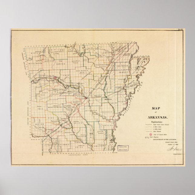 Poster Mapa de Vintage do Arkansas (1866) (Frente)