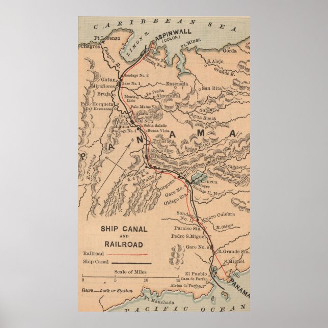 Pôster Mapa de Vintage do Canal do Panamá (1885) (Frente)