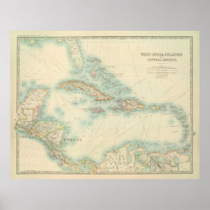 Poster Mapa de Vintage do Caribe (1912)