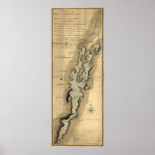 Pôster Mapa de Vintage do lago Champlain (1865) (Frente)