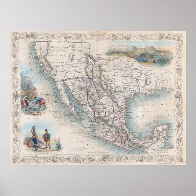 Pôster Mapa de Vintage do México (1851) (Frente)