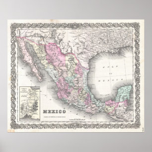Pôster Mapa de Vintage do México (1855)
