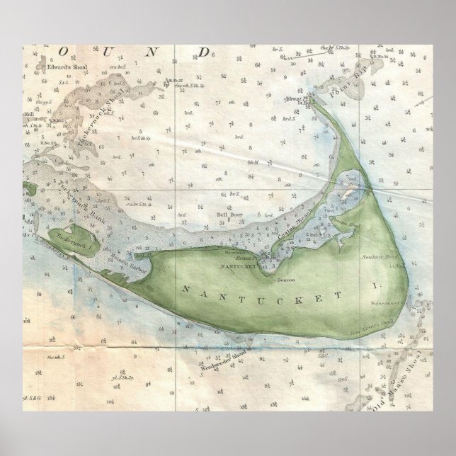 Pôster Mapa de Vintage do Nantucket (1857) (Frente)