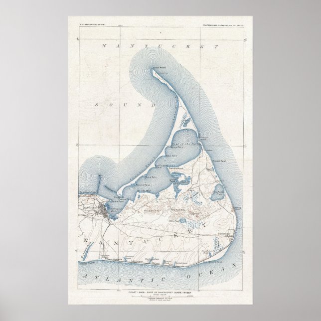 Poster Mapa de Vintage do Nantucket (1919) (Frente)
