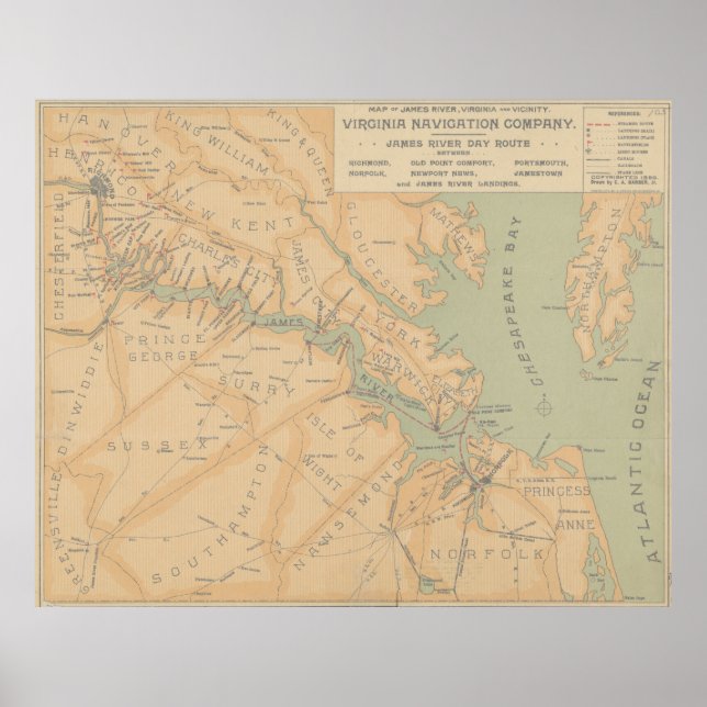 Poster Mapa de Vintage do Rio James (1899) (Frente)