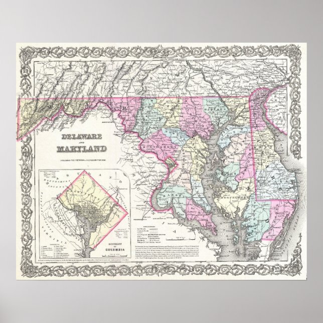 Pôster Mapa de Vintage em Maryland (1855) (Frente)
